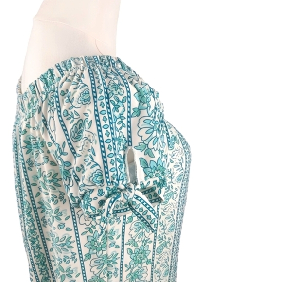 NWT Planet Gold Green Striped Boho Blouse Floral Off Shoulder Tie Sleeve Top S - Picture 7 of 8